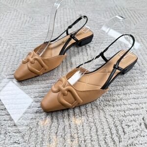 Zara Slingback Flats Women's 38 Tan Black Chain Detail Office Chic Parisian Prep